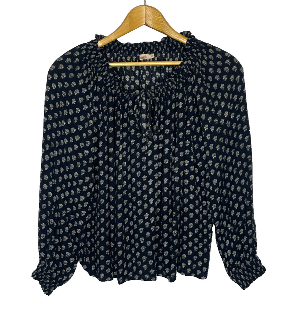 Women's XS Faherty Emery Navy Blue Floral Pattern Viscose Peasant Blouse